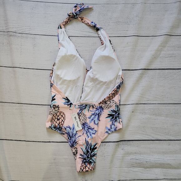 Merida Vida	Size	XS	NEW Pineapple Print Cheeky One Piece Halter Swim Suit Pink - Picture 6 of 11